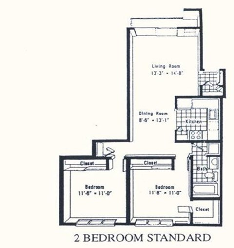 Floor plan for 2 beds, 1 bath, 825 sqft